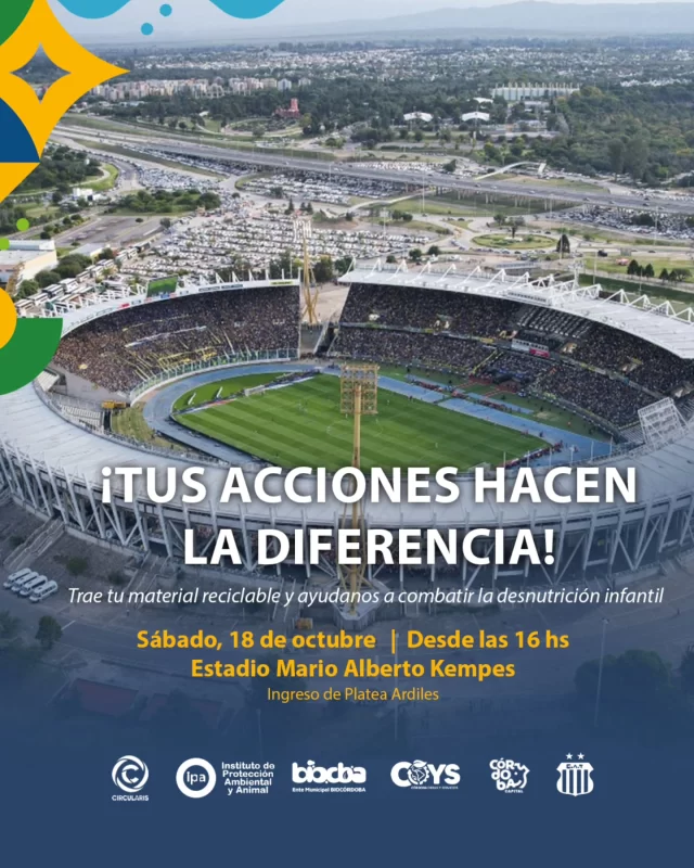 ♻️ ¡Trae tu material reciclable y hace la diferencia! ❤️‍🩹

🫂 Todo lo recolectado se transformará en donaciones para combatir la desnutrición infantil 

🤗 Busca el trailer del @biocba en el ingreso a la Platea Ardiles y sumate a cuidar el ambiente con compromiso social!

#JuntosHacemosMás